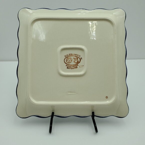 Polish Pottery Flowering Peacock Square Luncheon Plate Blue Floral Peacock Eyes - Picture 3 of 6